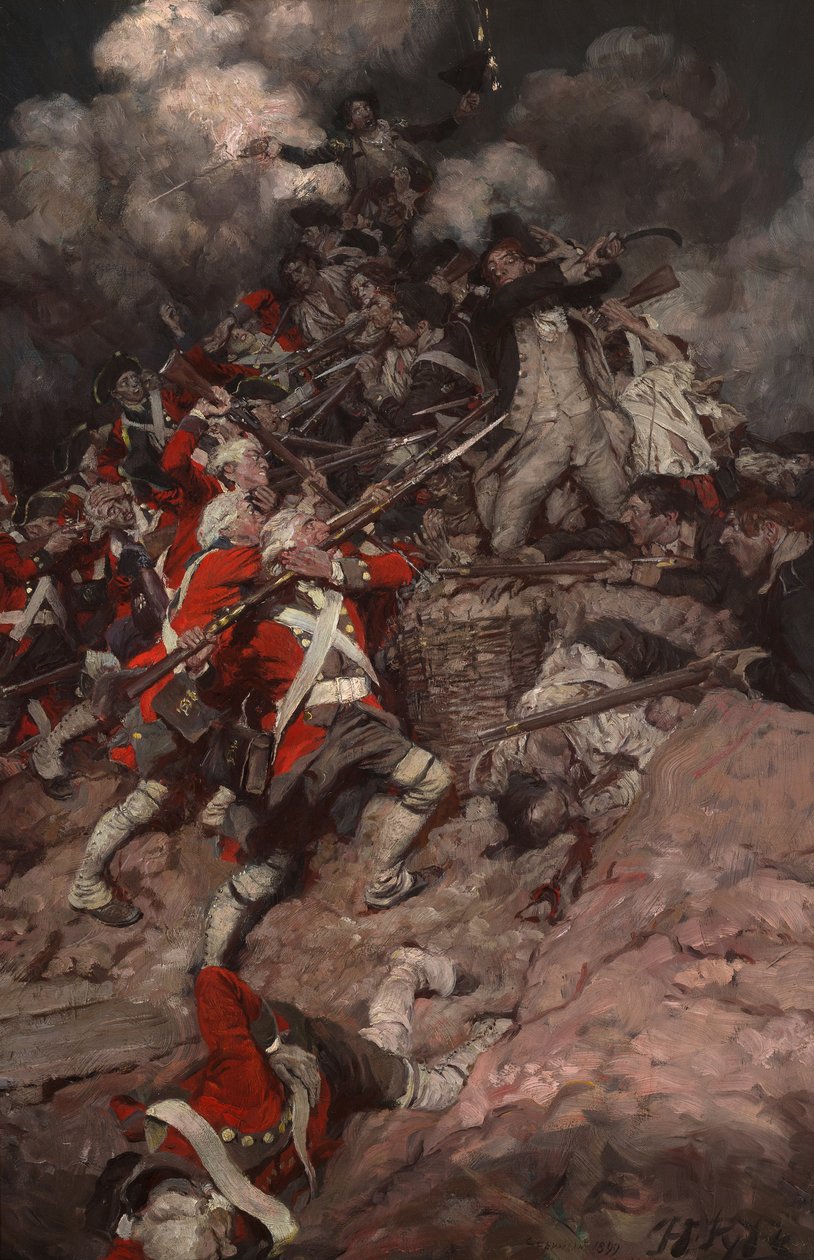 De klatrede op ad brystværnet og kastede sig over toppen, pell mell, på briterne. af Howard Pyle
