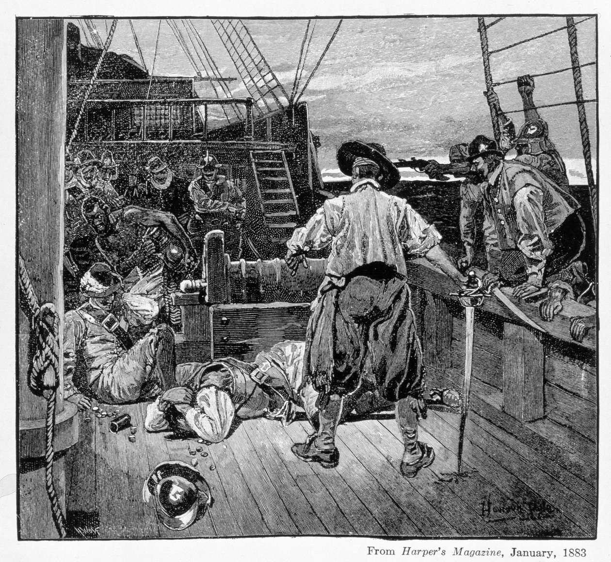 Thomas Moon begyndte at lægge sig om ham med sit sværd, indgraveret af Henry Wolf, fra Harper
