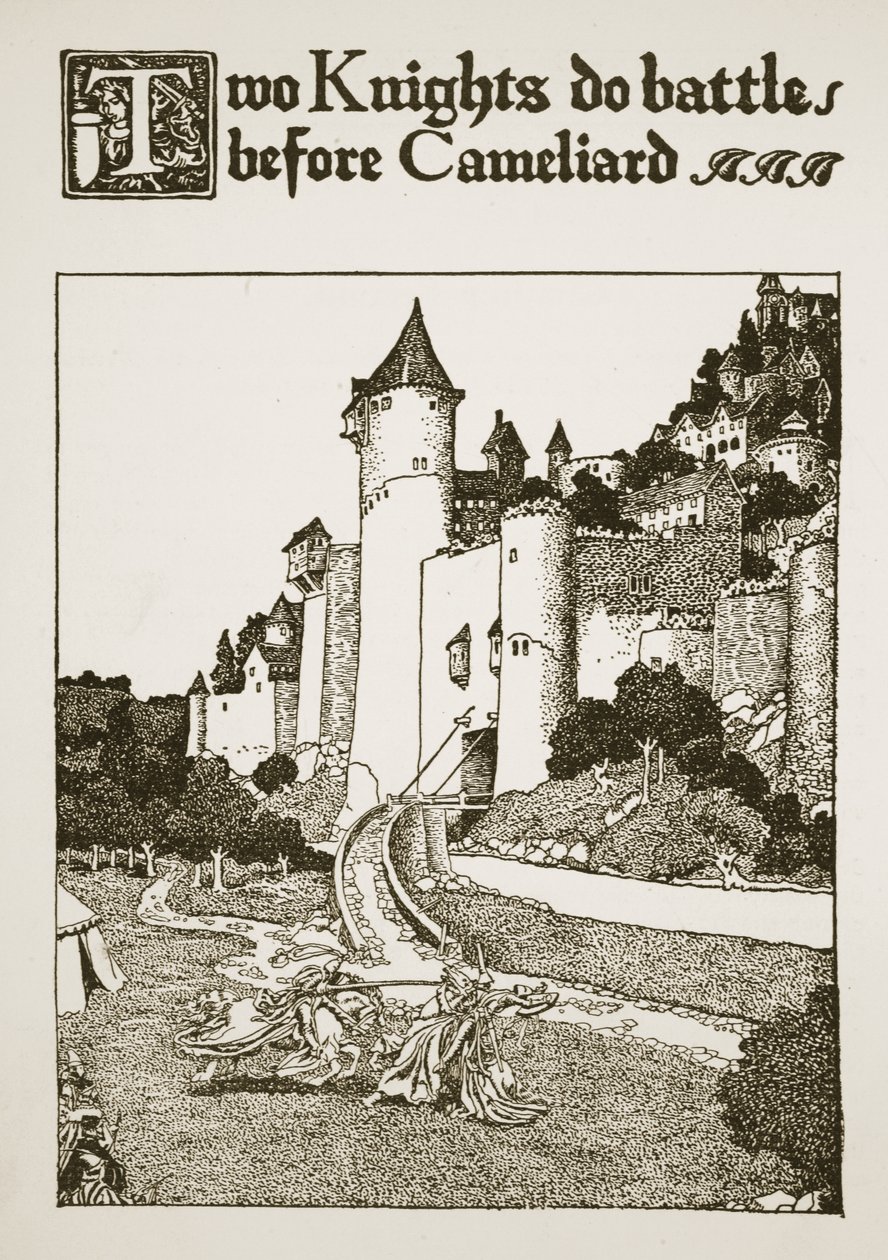 To riddere i kamp foran Cameliard, illustration fra "The Story of King Arthur and his Knights", 1903 af Howard Pyle