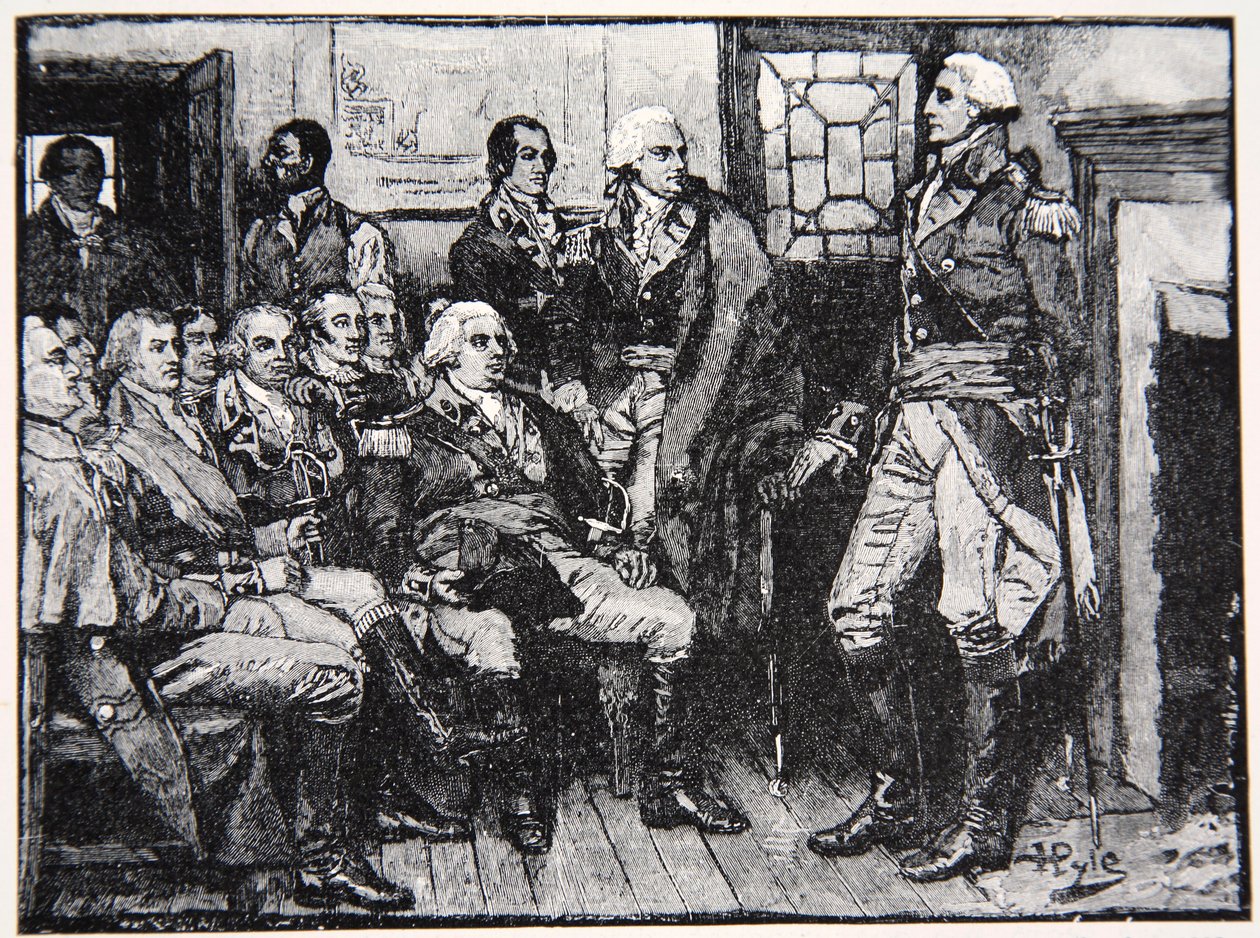 Washington og hans generaler i samråd, 15. marts 1783, illustration fra Harper
