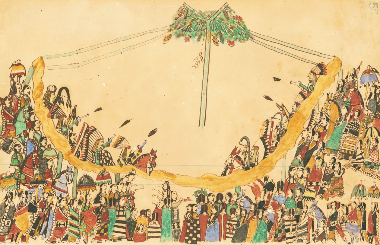 Krigerne gjorde deres store indtog til Medicine Lodge, før de begyndte dansen, 1874-75 (pen, blæk og wc på hovedbogspapir) af Howling Wolf