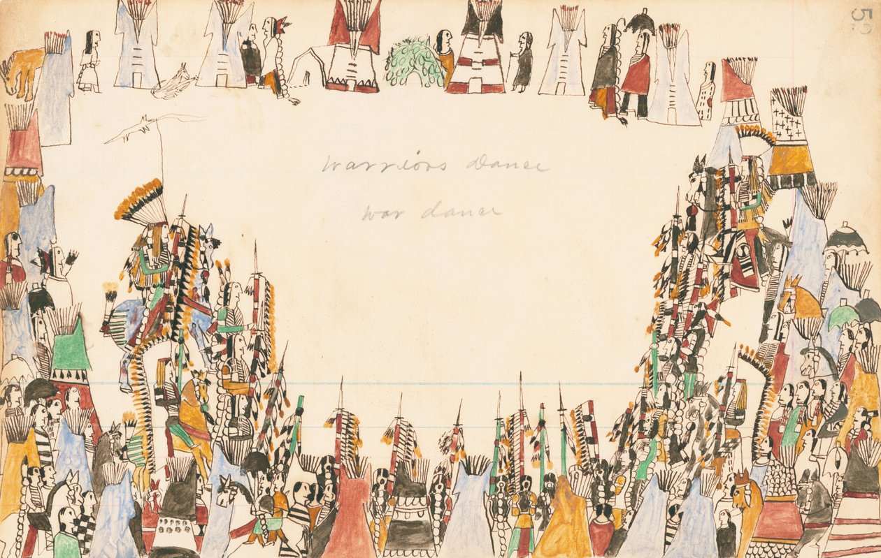 Warriors Dance War Dance, 1874-75 (pen, blæk og wc på hovedbogspapir) af Howling Wolf