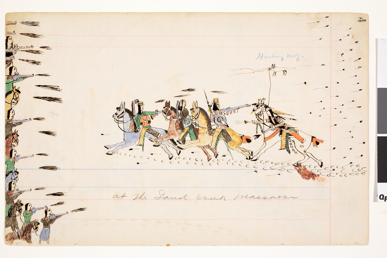 Ved Sand Creek-massakren, 1874-75 (pen, blæk og wc på hovedbogspapir) af Howling Wolf