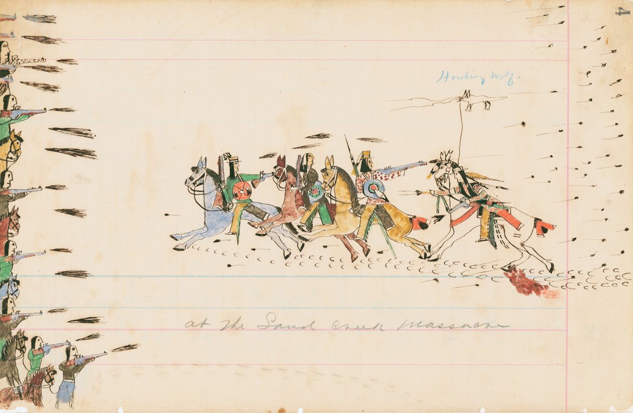 Ved Sand Creek Massacre, 1874-75 (pen, blæk og wc på hovedbogspapir) af Howling Wolf