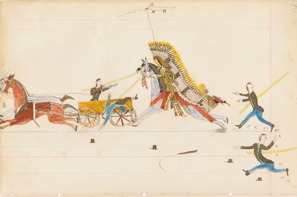 Howling Wolf Fighting Soldiers, 1874-75 (pen, blæk og wc på hovedbogspapir) af Howling Wolf