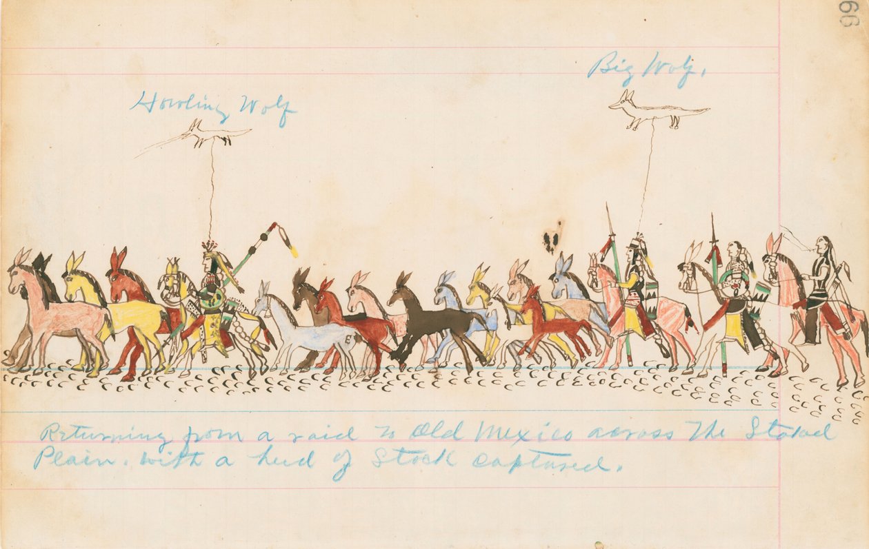På vej tilbage fra et togt til det gamle Mexico over de afmærkede sletter med en flok kvæg, 1874-75 (pen, blæk og wc på hovedbogspapir) af Howling Wolf