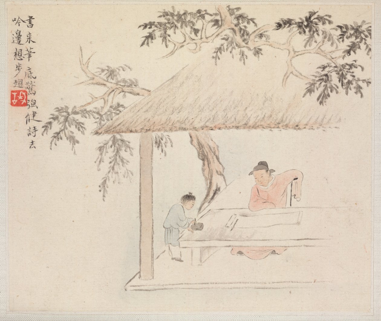 Album med landskabsmalerier, der illustrerer gamle digte: En mand sidder ved et bord..., 1700-tallet. af Hua Yan