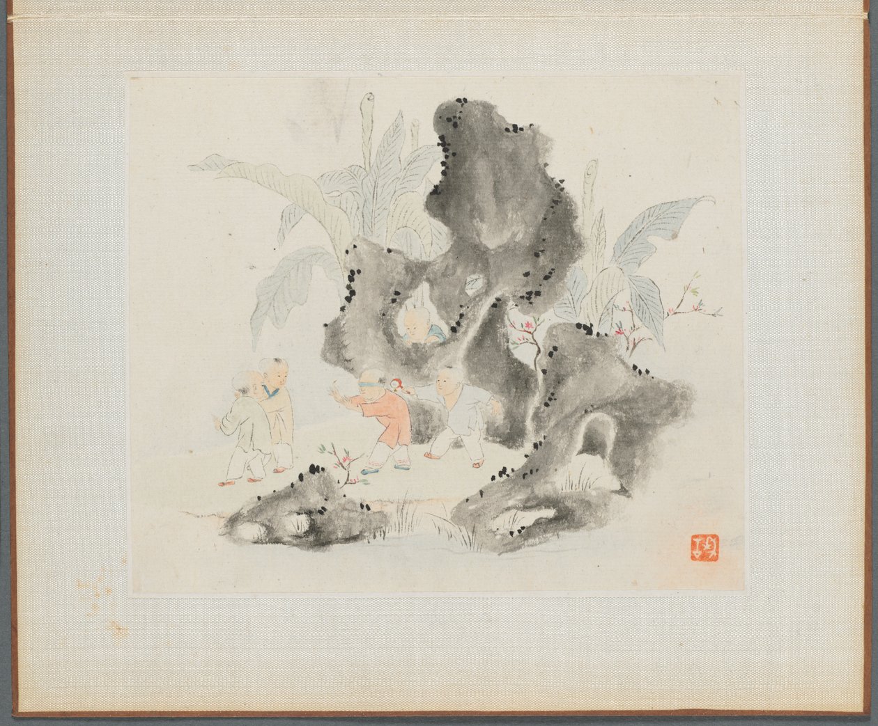 Album med landskabsmalerier, der illustrerer gamle digte: Børn leger i en klippelund, 1700-tallet. af Hua Yan