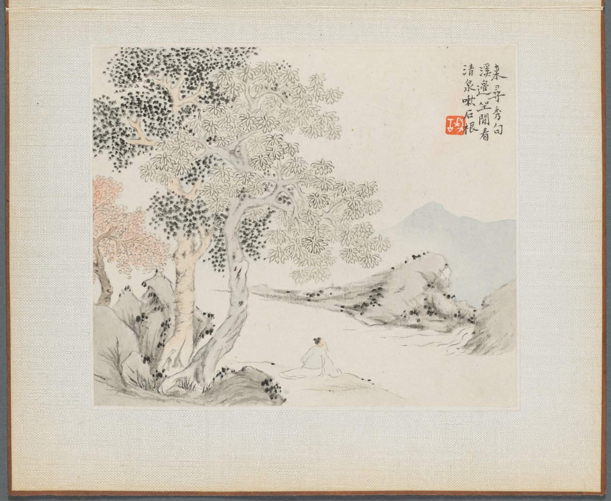 Album med landskabsmalerier, der illustrerer gamle digte: Tre store træer, en strøm..., 1700-tallet. af Hua Yan