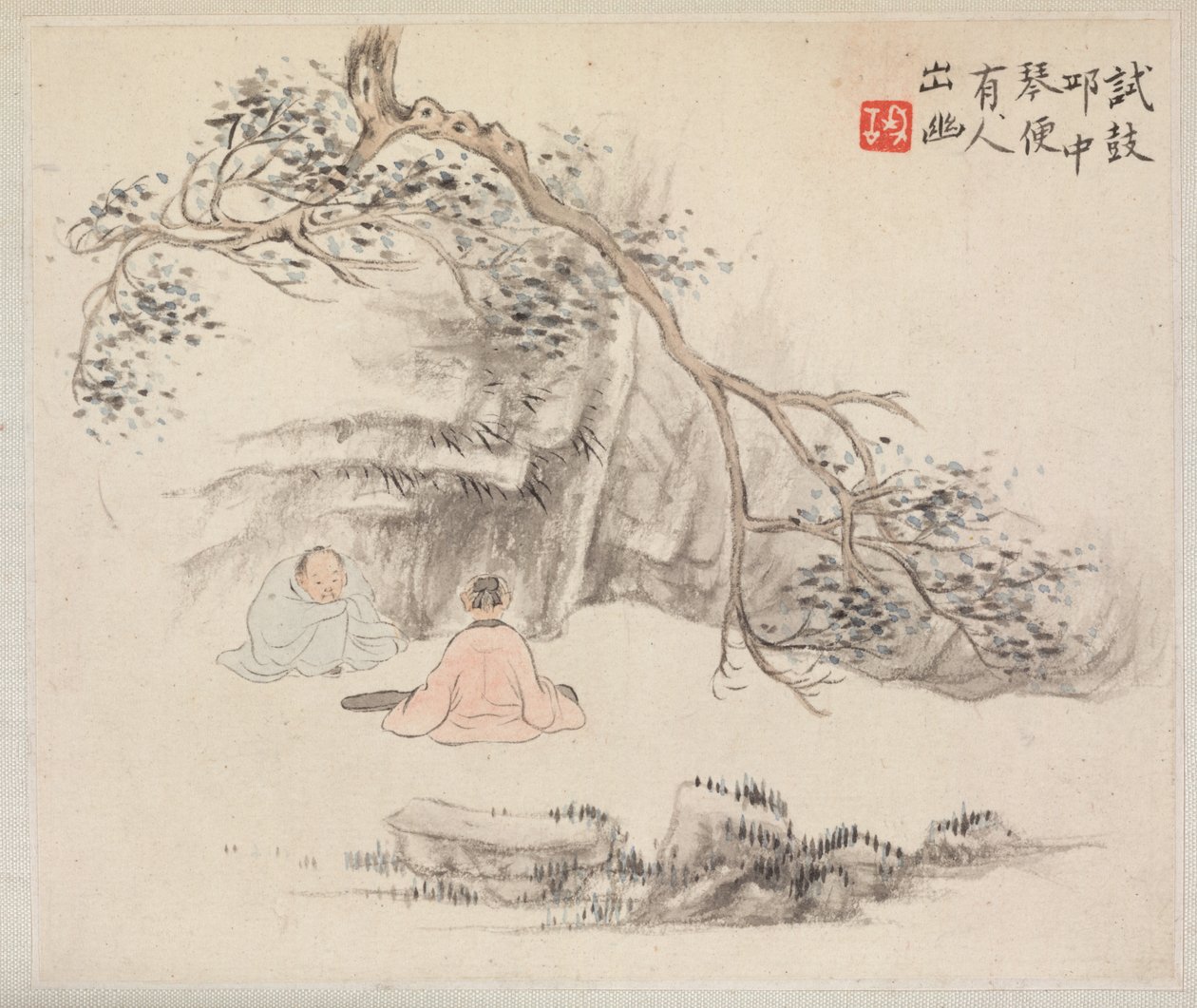 Album med landskabsmalerier, der illustrerer gamle digte: To figurer udenfor..., 1700-tallet. af Hua Yan
