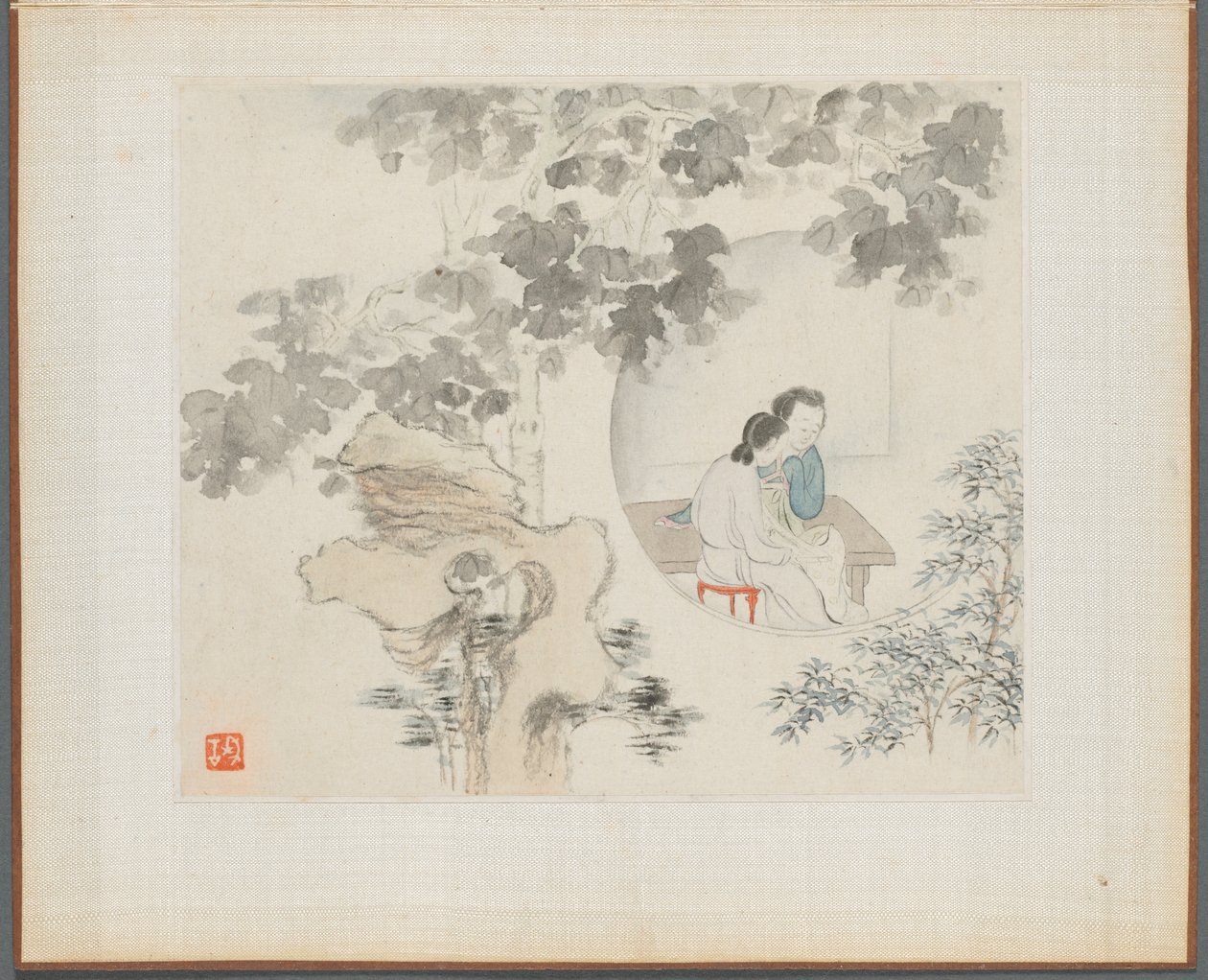 Album med landskabsmalerier, der illustrerer gamle digte: To kvinder sidder ved et bord..., 1700-tallet. af Hua Yan
