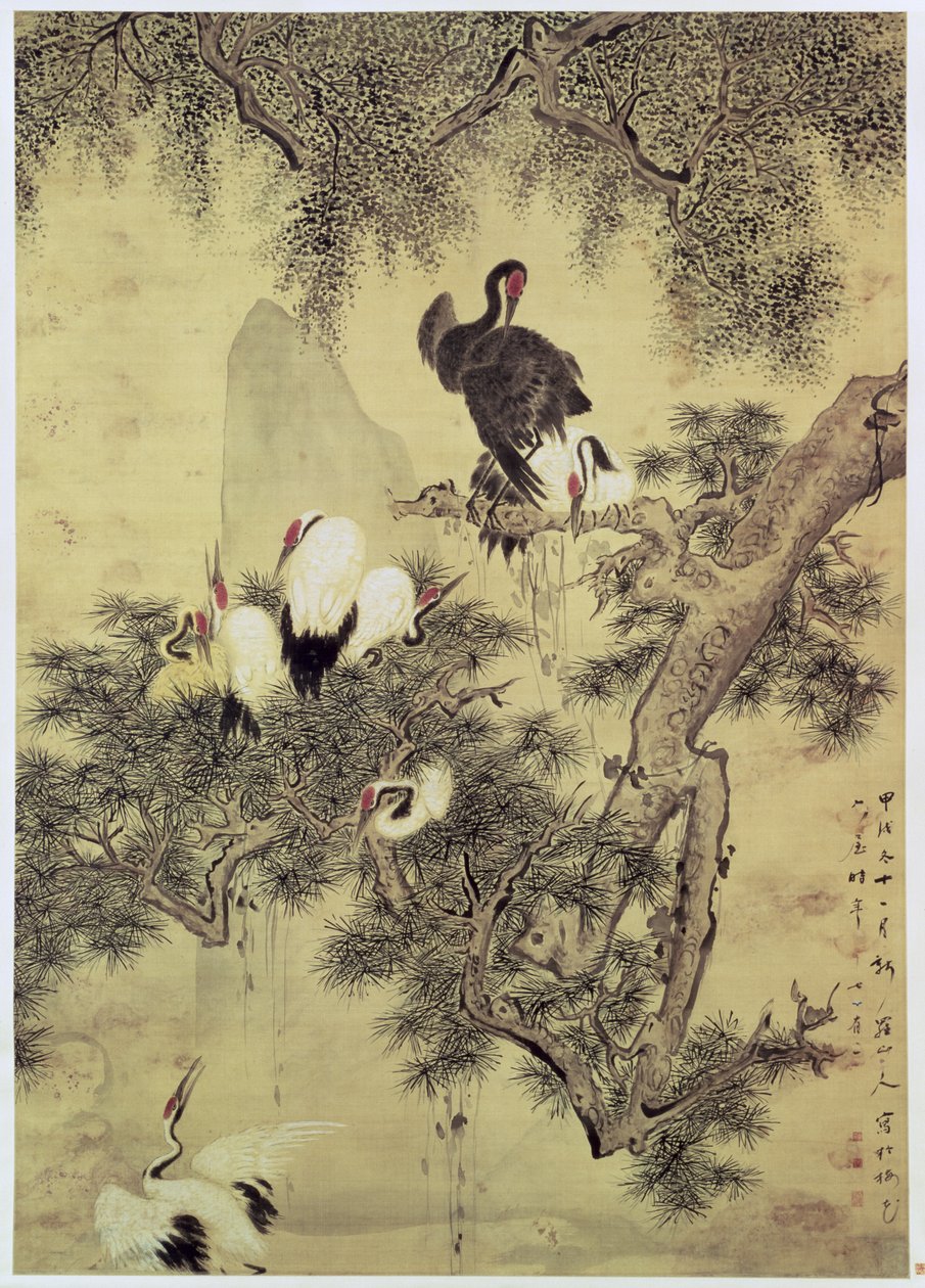 Otte rødkammede hejrer i et fyrretræ, 1754 af Hua Yan