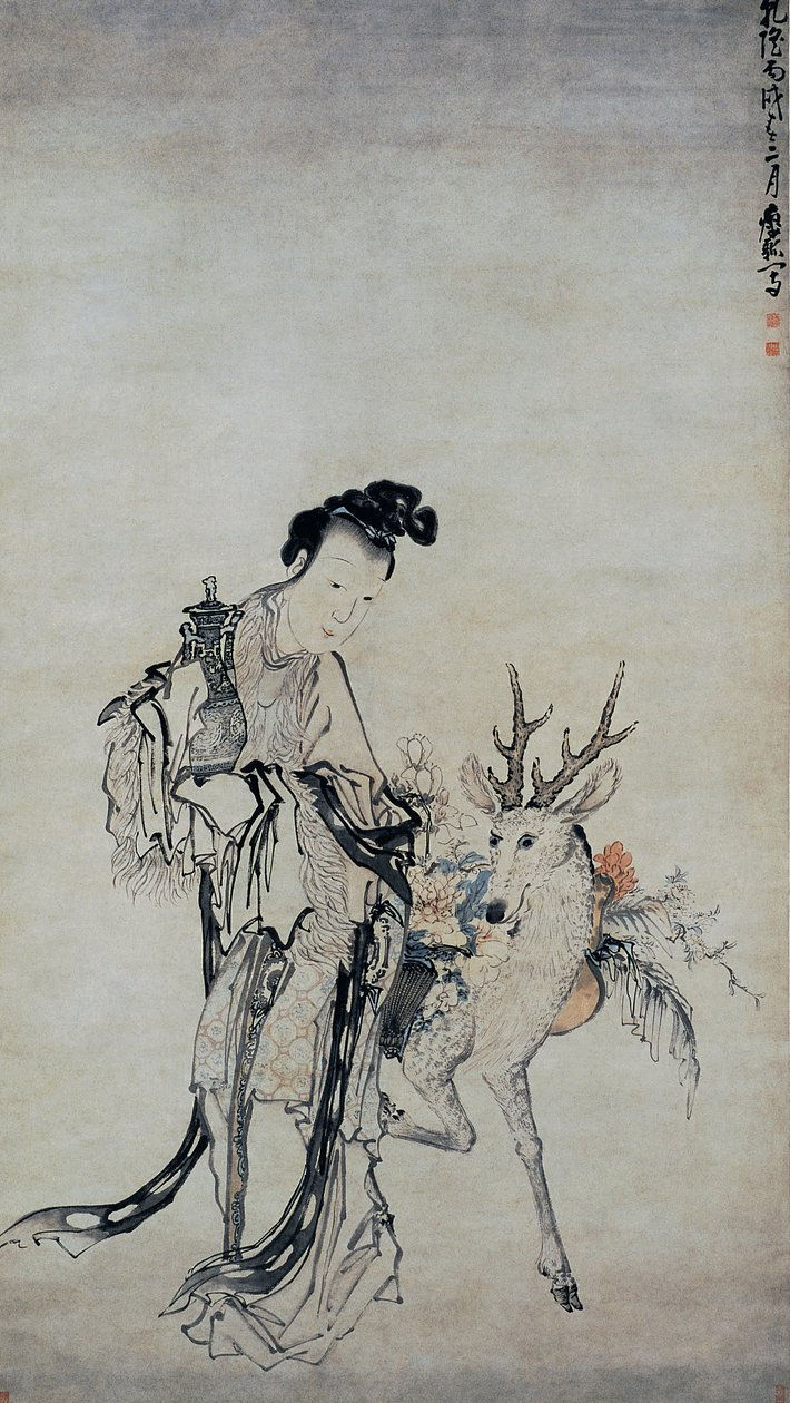 Ma-gu Holder en vase, med et rådyr af Huang Shen