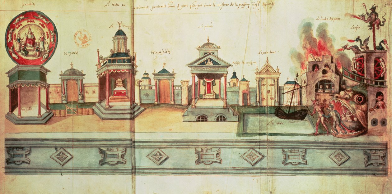 Ms fr.12536 f.2 The Scenery for Valenciennes Mystery Play, 1547 (gouache og blæk) af Hubert Cailleau
