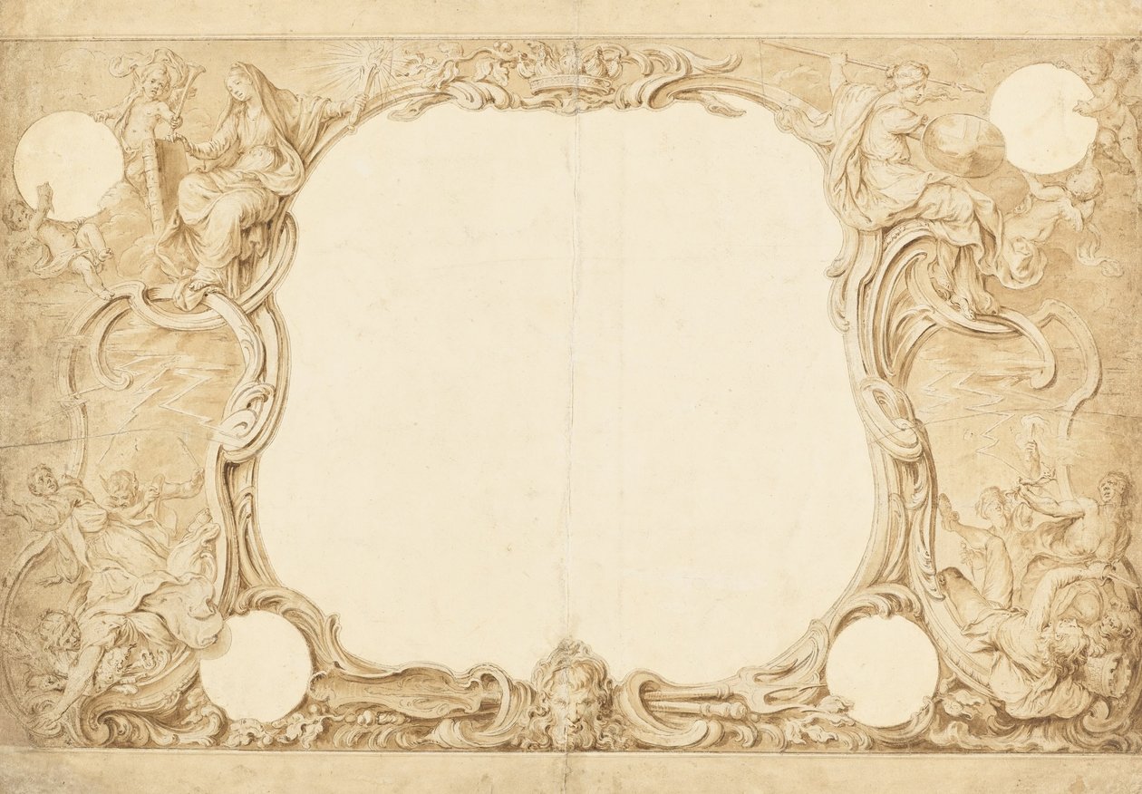 Design til en prydgrænse, der bruges til omgivelserne til den generelle oversigt i John Pines Tapestry ... af Hubert Francois Gravelot