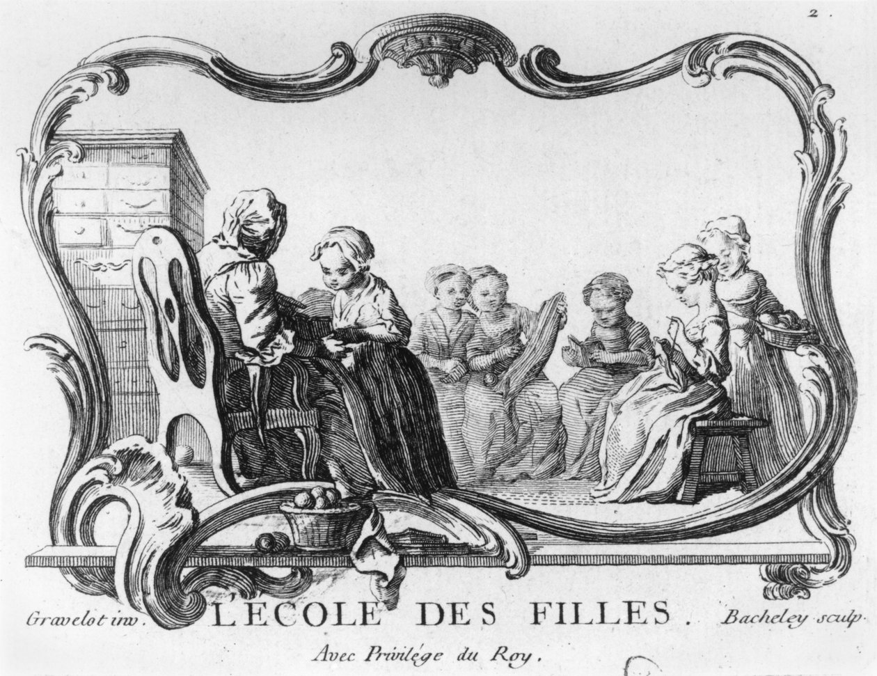 Pigeskole, syklassen, indgraveret af Jacques Bacheley (1712-81) af Hubert Francois Gravelot