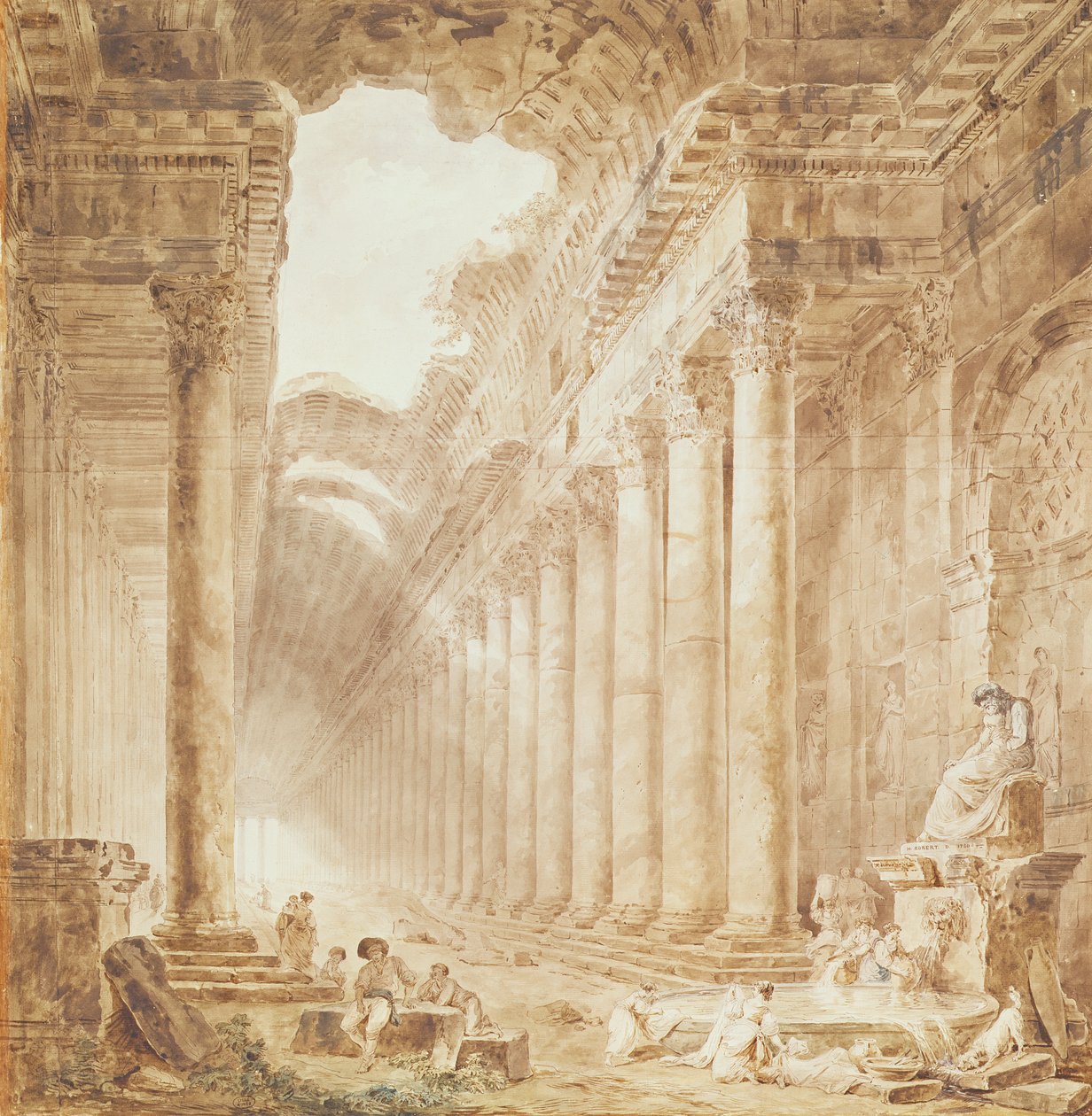 A Colonnade in Ruins, 1780 (pen og blæk og wc på papir) af Hubert Robert