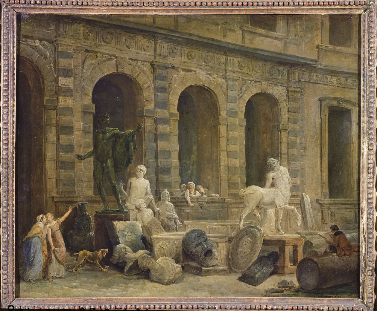 En mand tegner antikviteter foran Petite Galerie i Louvre, 1781 af Hubert Robert