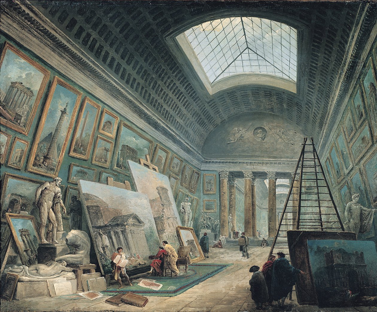 Et museumsgalleri med gammel romersk kunst, før 1800 af Hubert Robert