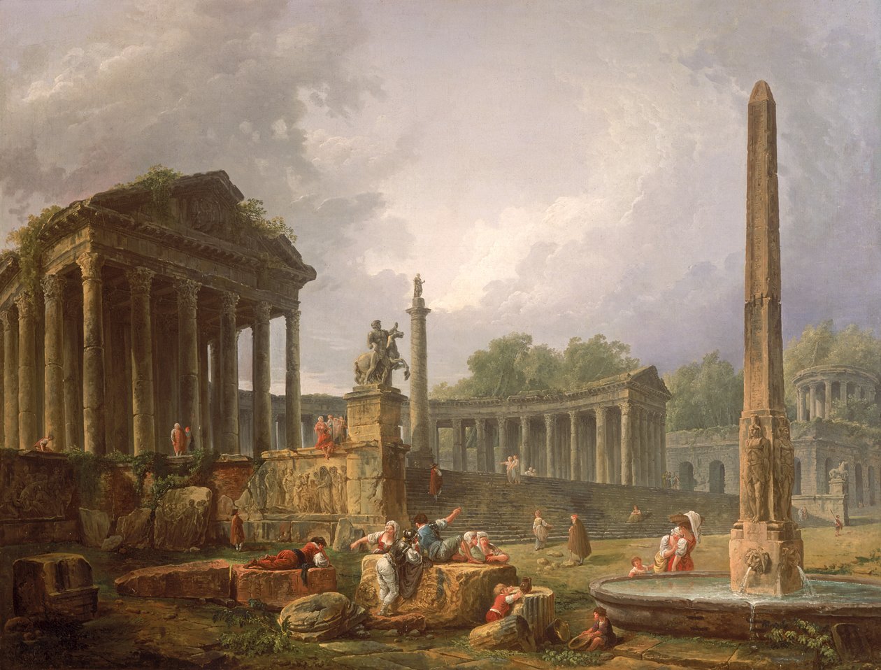 Arkitektonisk capriccio med tempel og obelisk, 1798 af Hubert Robert