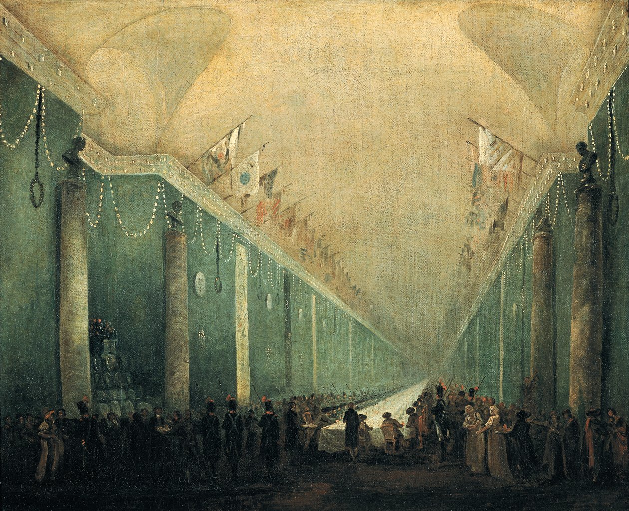 Banket givet for Napoleon Bonaparte (1769-1821) i Grande Galerie i Louvre, 20. december 1797 af Hubert Robert