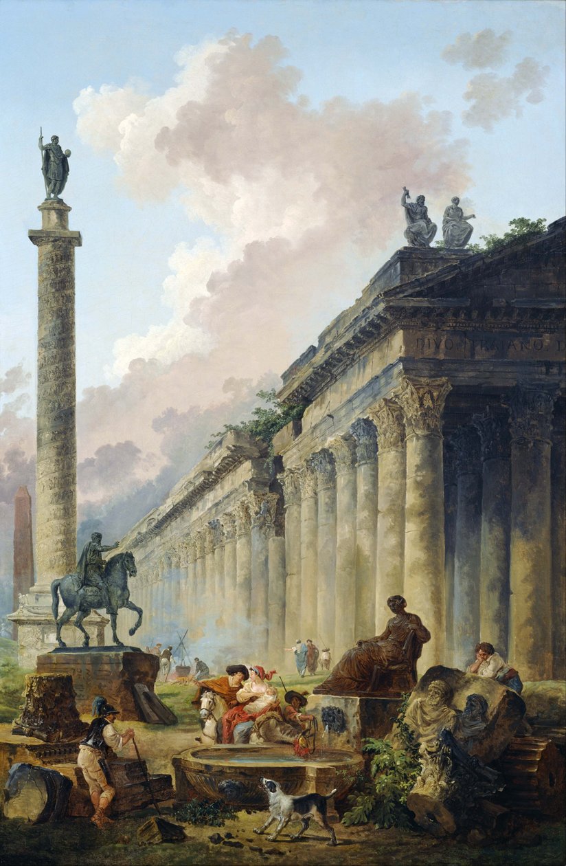 Imaginær udsigt over Rom med rytterstatue af Marcus Aurelius, Trajans søjle og et tempel af Hubert Robert