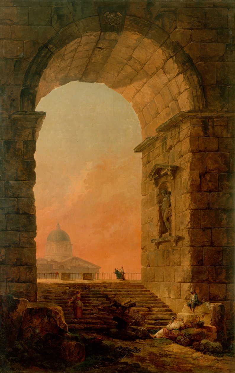 Landskab med en bue og kuplen i Sankt Peters i Rom af Hubert Robert