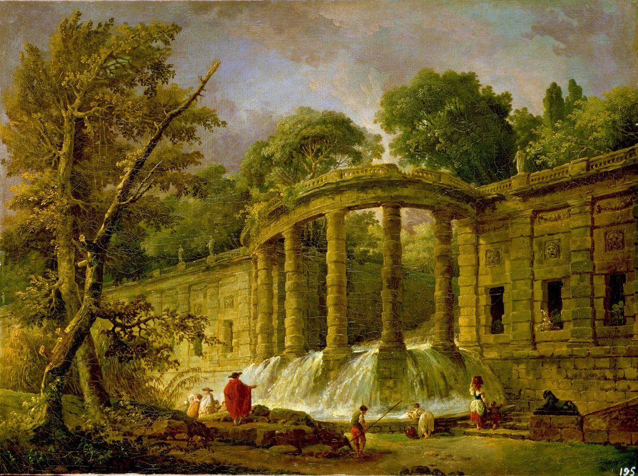 Pavillon med kaskade, 1760 af Hubert Robert