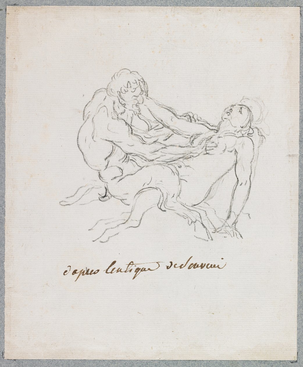 Satyr og Faun Embracing (sort kridt på papir) af Hubert Robert