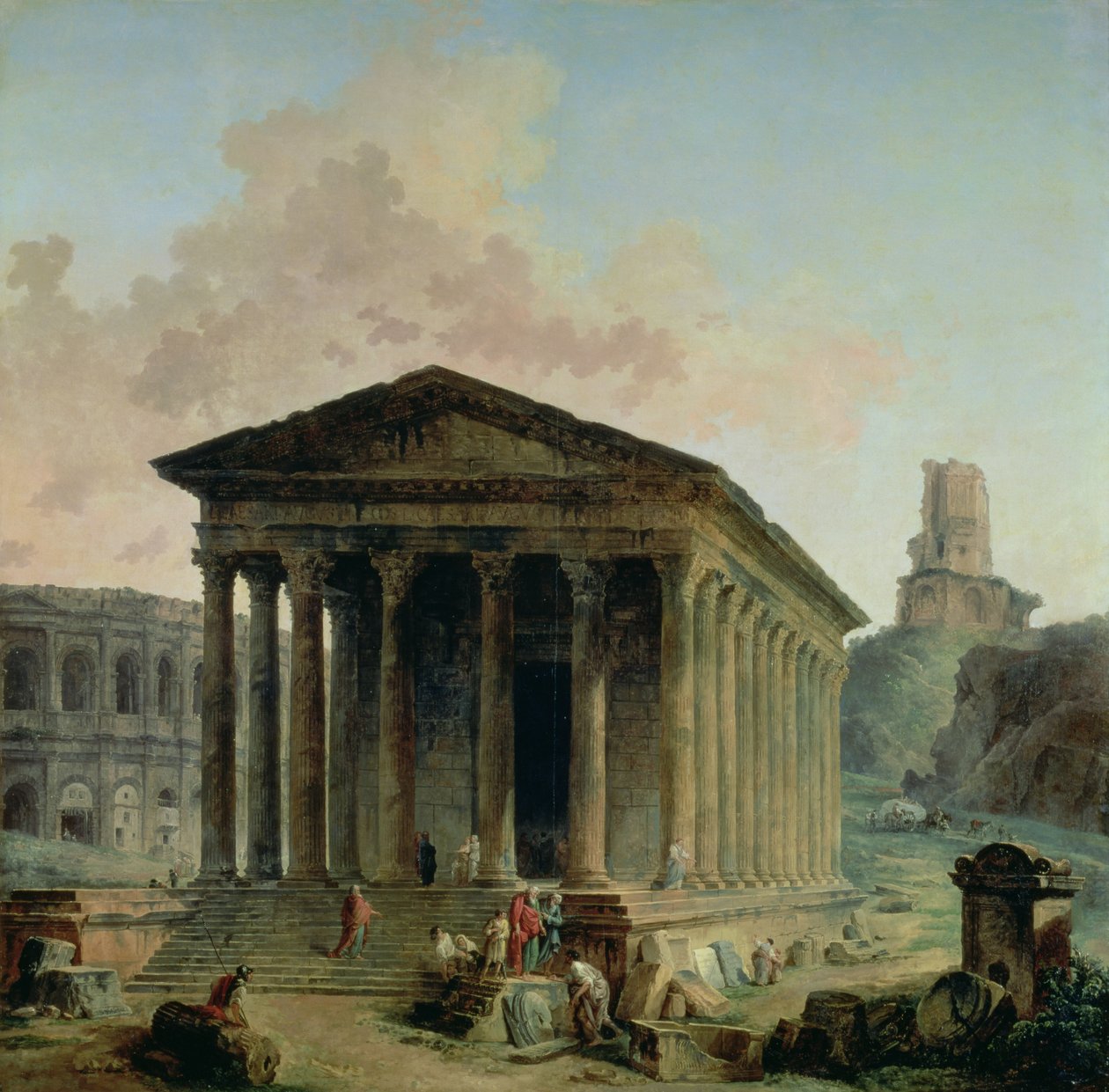 Maison Carree med amfiteatret og Tour Magne i Nimes, 1786-87 af Hubert Robert