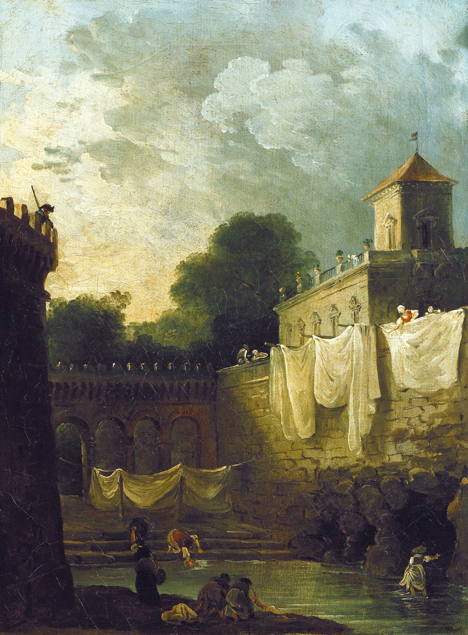 Vaskekvinder i en italiensk villas voldgrav af Hubert Robert