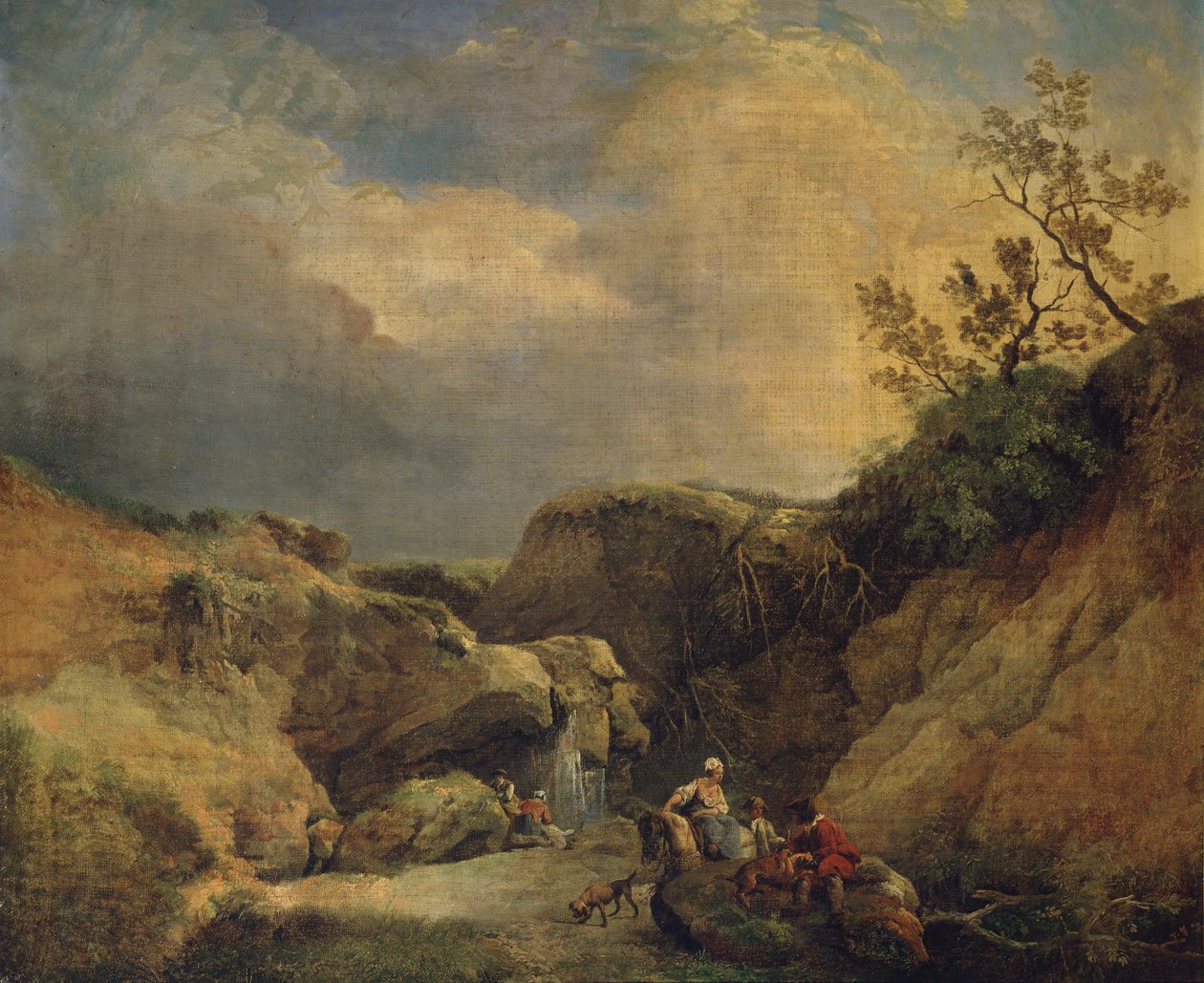 Et klippefyldt skovlandskab med rejsende, der taler ved et vandfald (olie på lærred) af Hubert (circle of) Robert