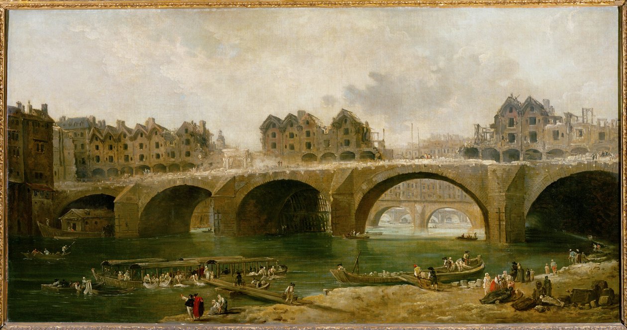 Nedrivning af husene på Notre-Dame-broen i ... af Hubert (circle of) Robert