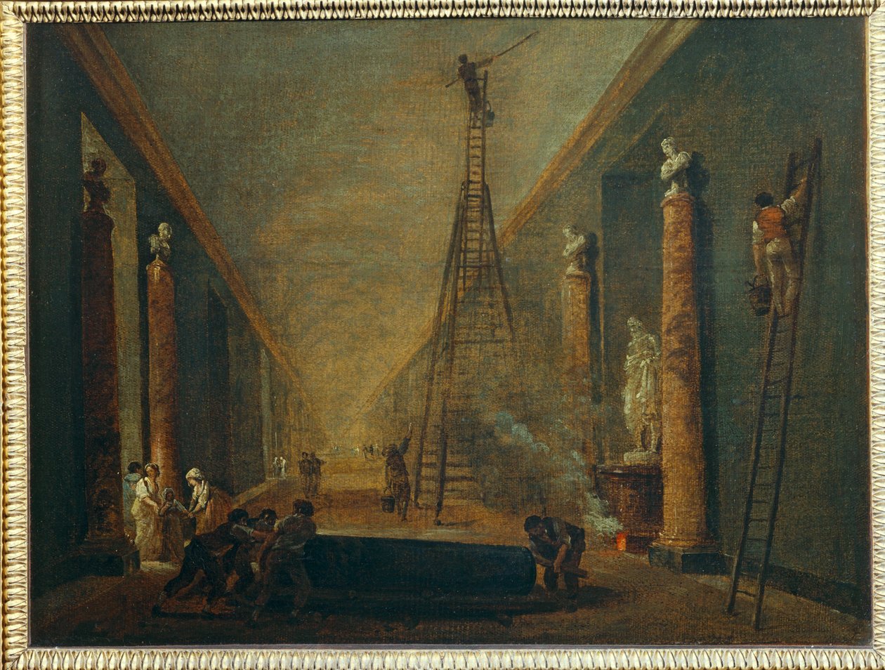 La Grande Galerie en cours de restauration - Det store galleri under restaurering ... af Hubert (circle of) Robert