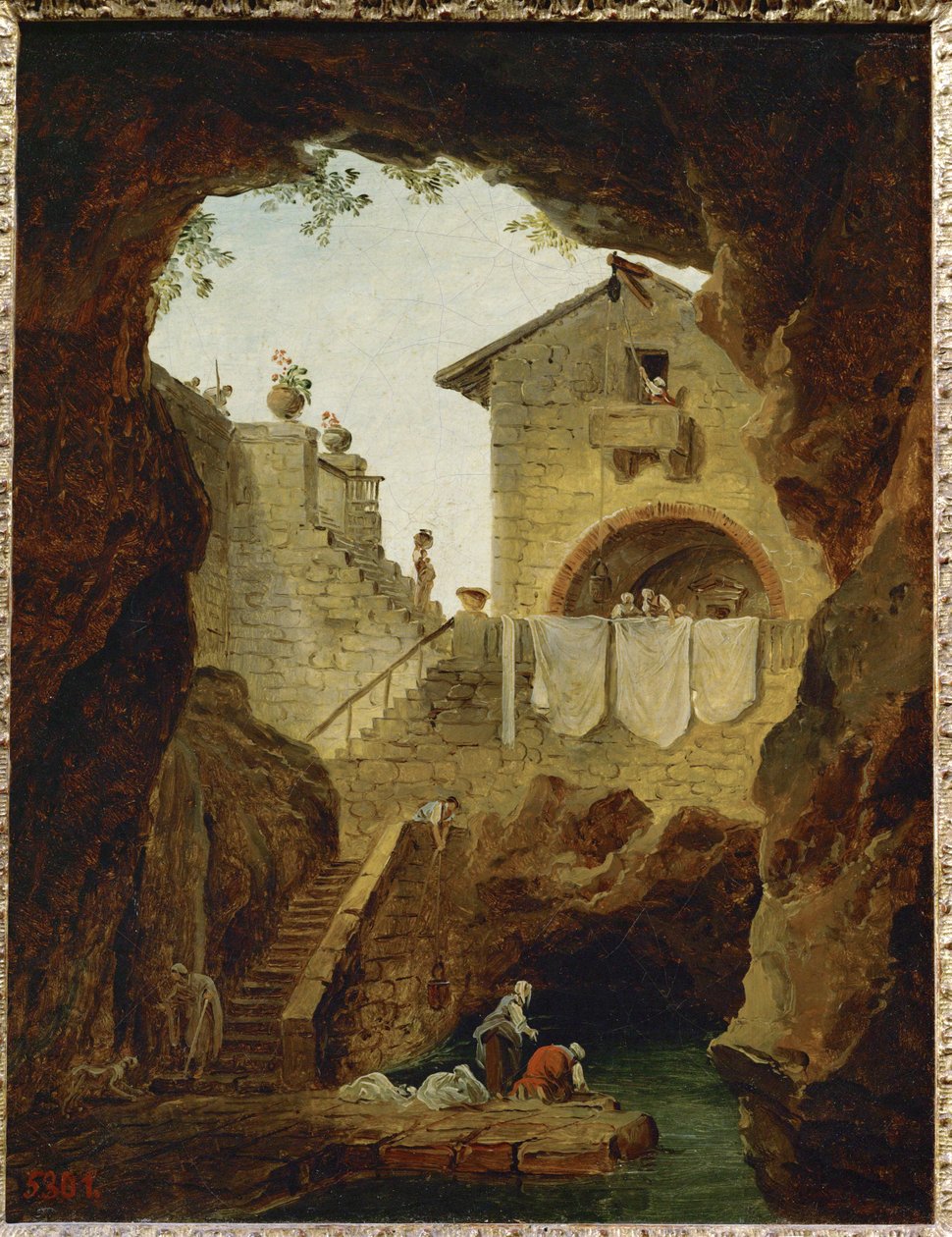 Lavandieres. La fontaine sous la grotte. Vaskekoner. Springvandet i grotten ... af Hubert (circle of) Robert