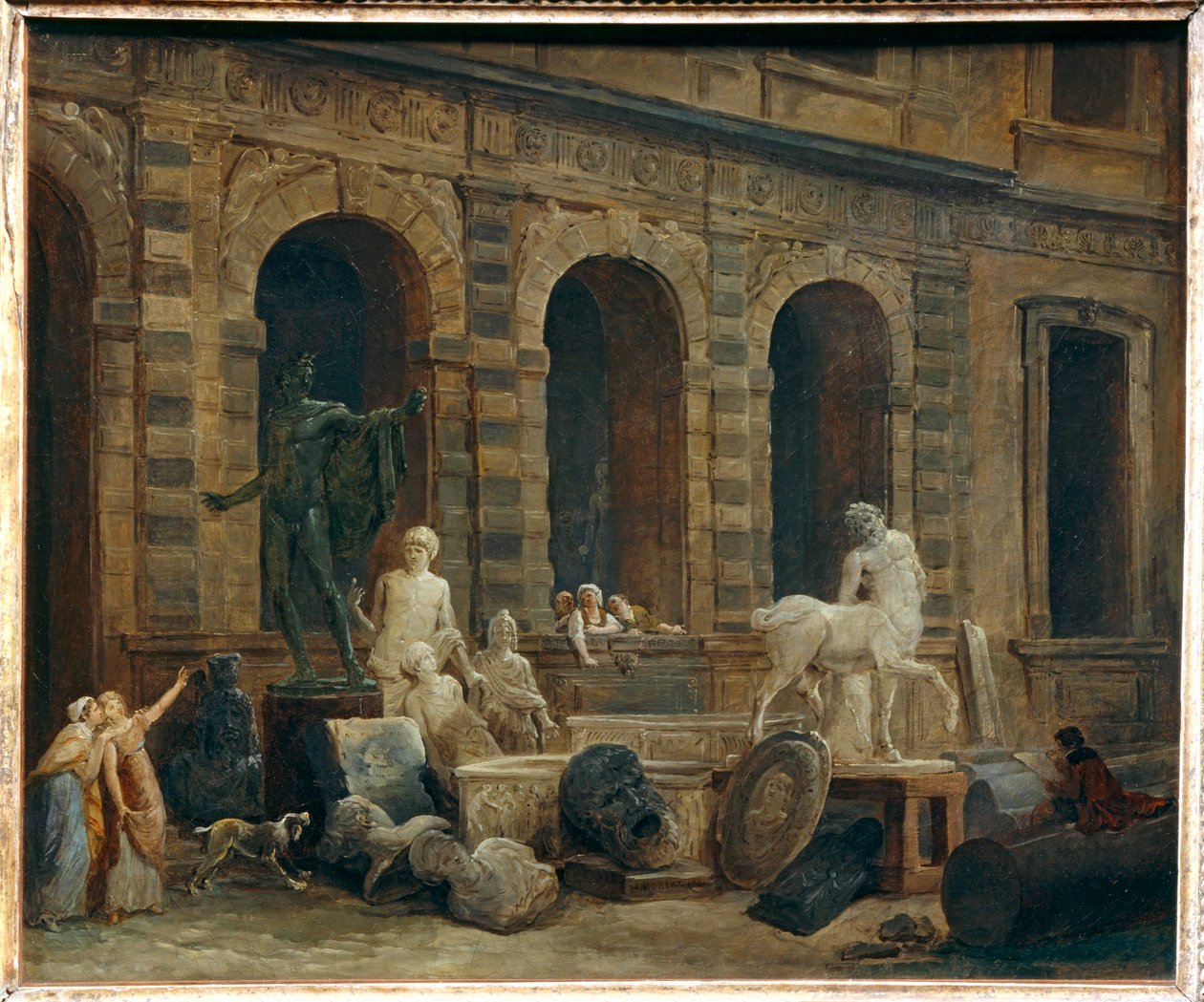 Tegneren af antikviteter foran Louvres Petite Galerie ... af Hubert (circle of) Robert