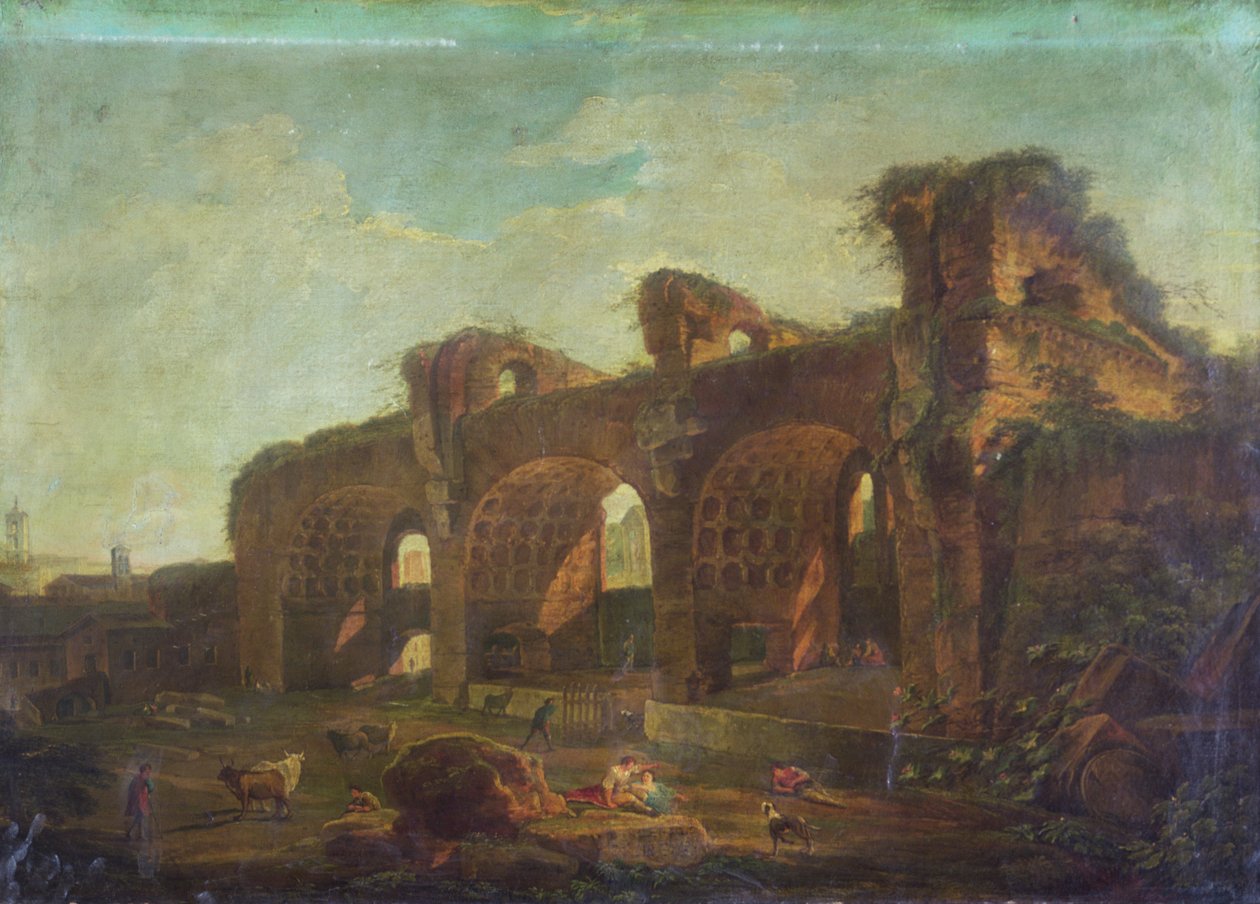 Maxentius-basilikaen i Forum Romanum med bønder og kvæg i forgrunden (olie på lærred) af Hubert (circle of) Robert