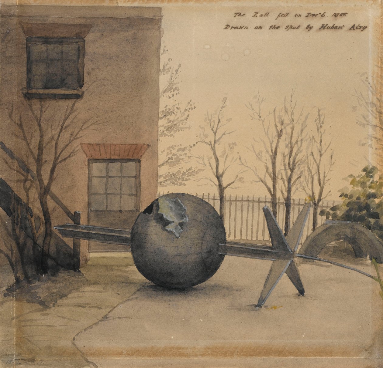 Nedfalden tidskugle i gården ved Royal Observatory, Greenwich, december 1855 (akvarel) af Hubert Airy