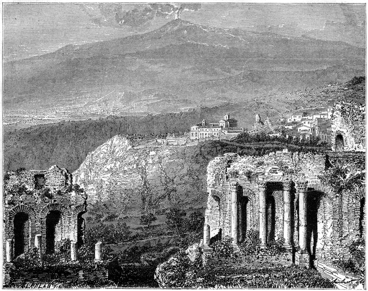 Etna og udsigt over Taormina, Sicilien, Italien, 1800-tallet af Hubert Clerget