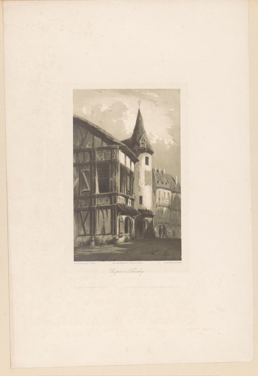 Udsigt over et hus med et tårn i Nürnberg Vue-pris i Nürnberg (titel på objekt) Fragmenter af landskaber (serietitel) Fragments de paysages (serietitel) af Hubert Clerget