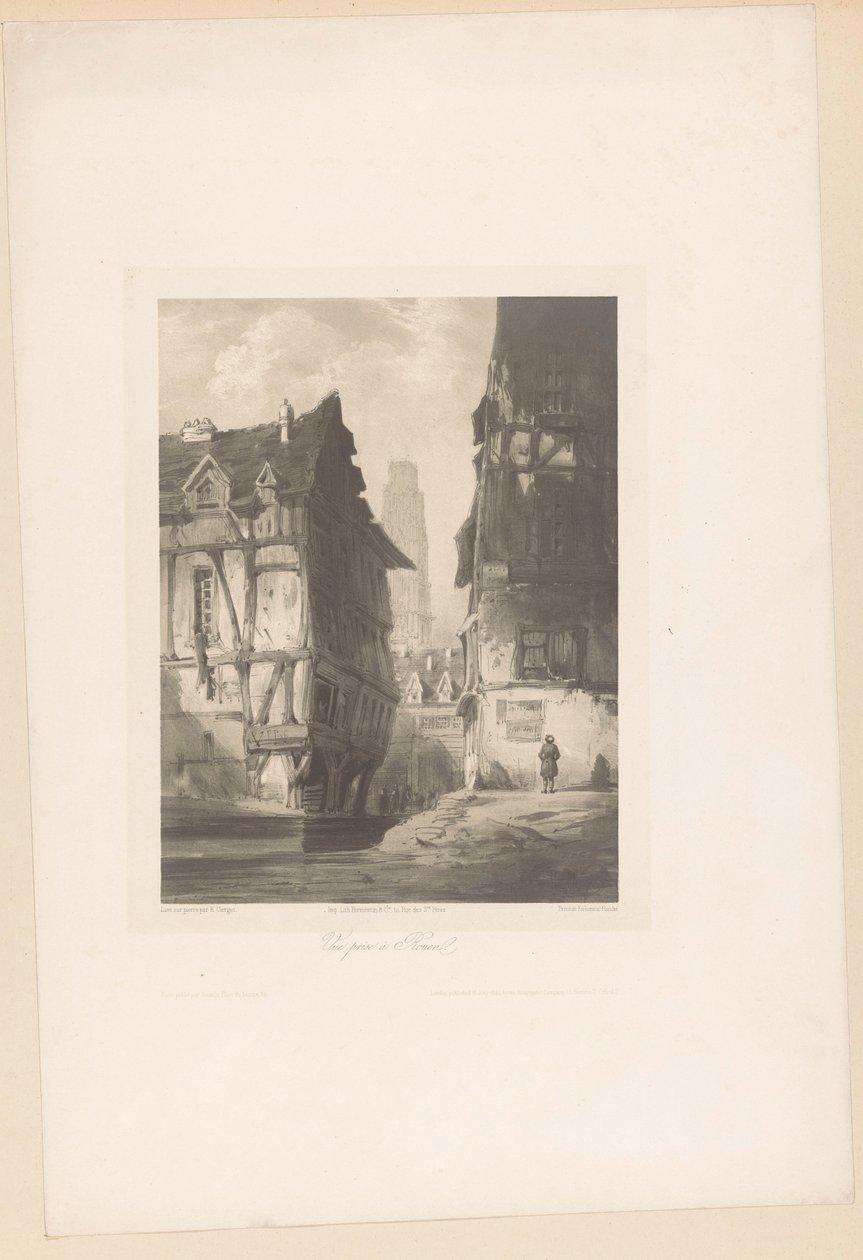 Udsigt over huse og katedralen i Rouen Vue-pris à Rouen (titel på objekt) Fragmenter af landskaber (serietitel) Fragments de paysages (serietitel) af Hubert Clerget