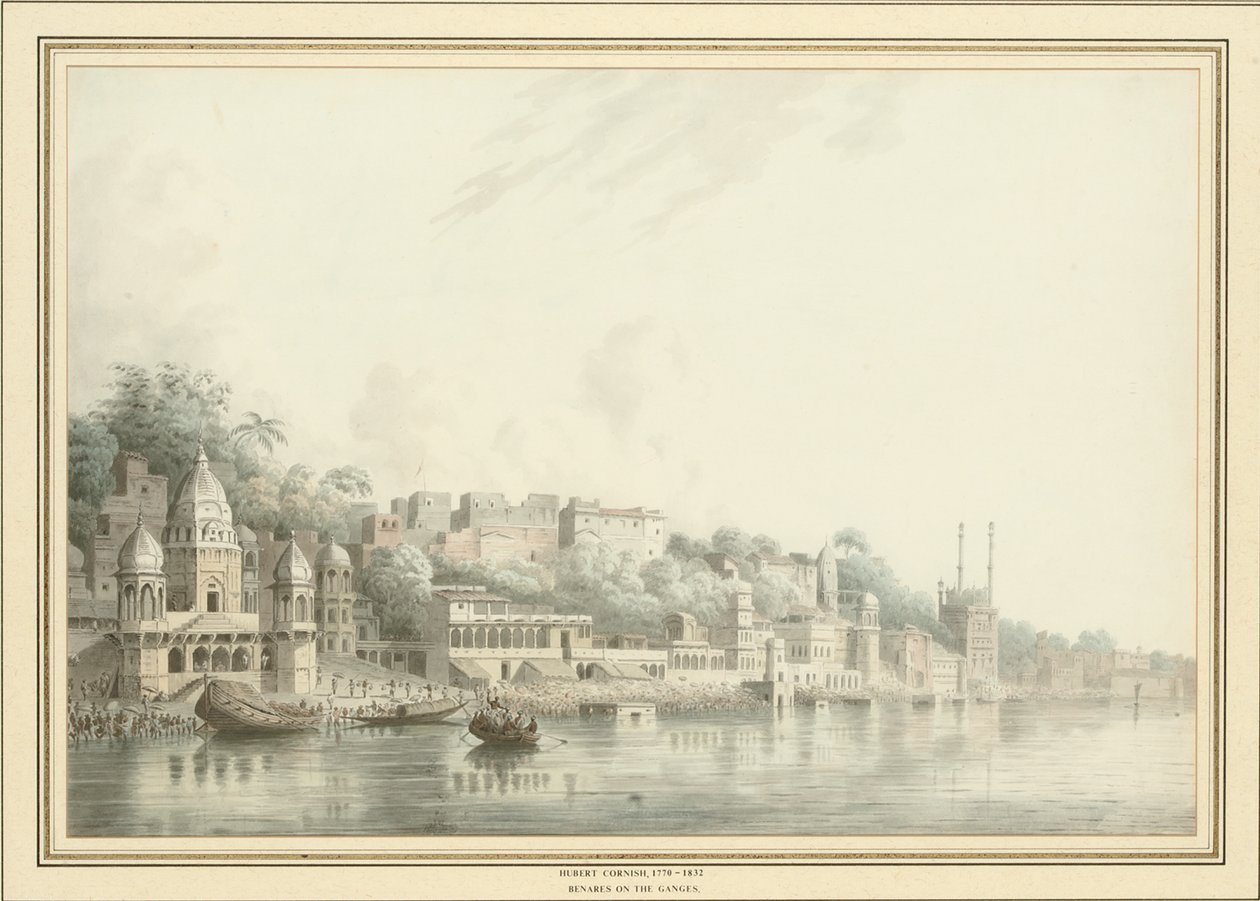 Benares ved floden Ganges (blyant, pen og blæk og w/c på papir) af Hubert Cornish