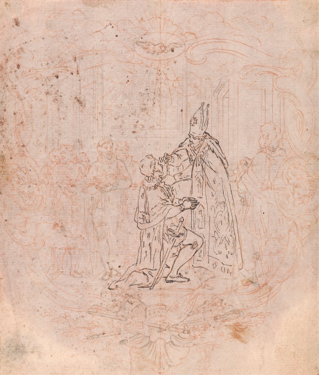 Design til en frontispice: En biskop, der tildeler en ære, scene i en kartouche af Hubert Francois Gravelot