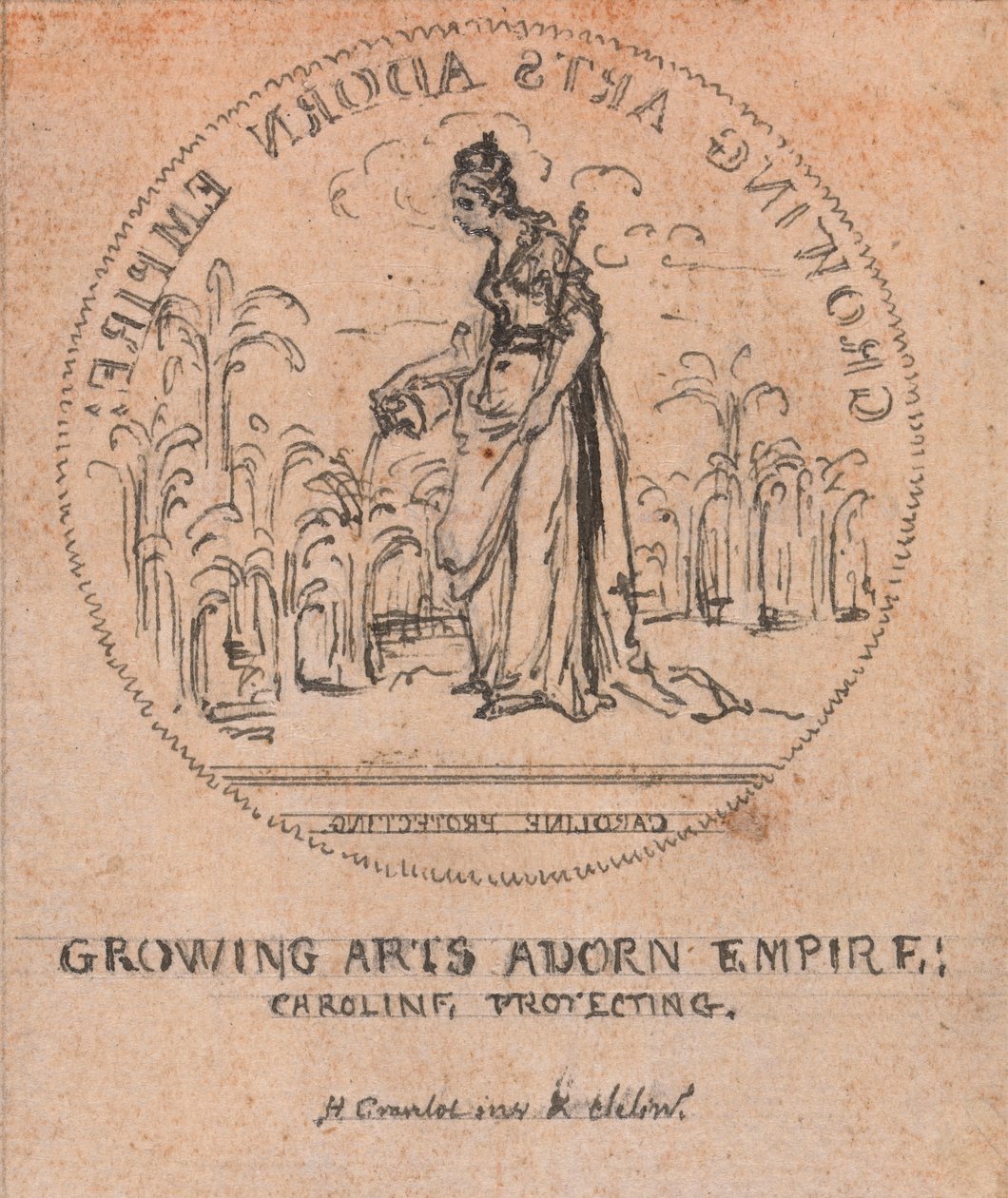 Design til en medalje: Growing Arts Adorn Empire, Caroline Protecting af Hubert Francois Gravelot
