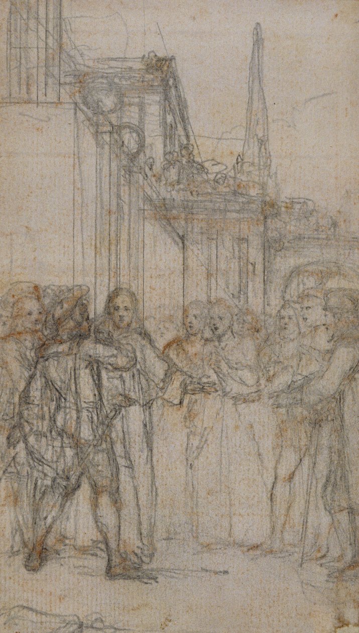 Litterær illustration: Mand med sværd konfronterer en gruppe af figurer før bygning af Hubert Francois Gravelot