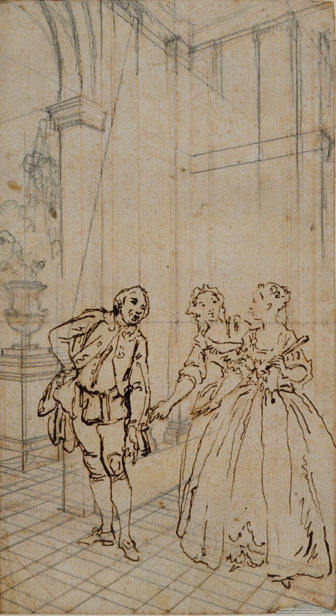 Litterær illustration med gentleman og to damer i interiøret af Hubert Francois Gravelot