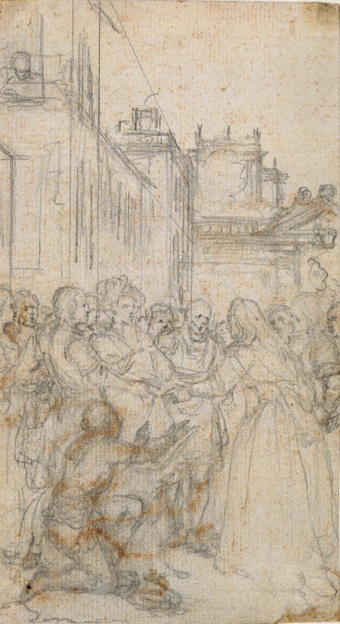 Litterær illustration med en gruppe af figurer, der bønfalder mennesket af Hubert Francois Gravelot