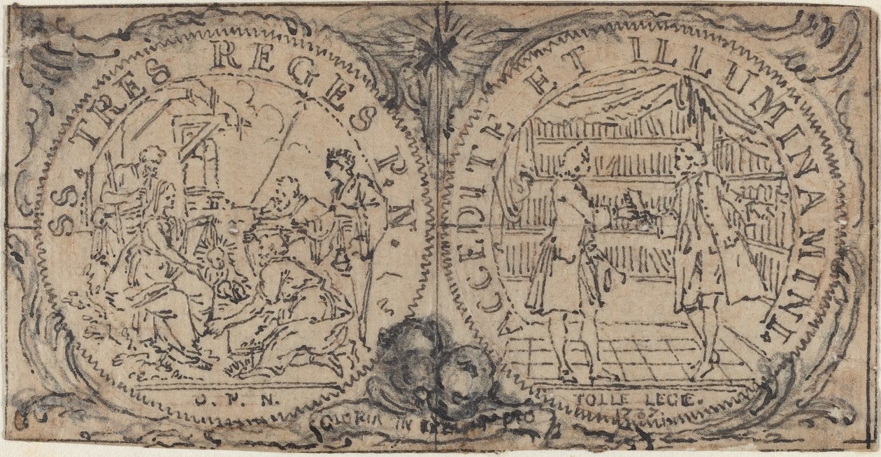 Prydmedaljoner med tilbedelse af magi og to bibliofiler af Hubert Francois Gravelot
