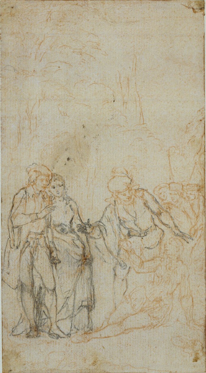 Uidentificeret litterær illustration med en gruppe figurer omkring liggende figur i landskab af Hubert Francois Gravelot