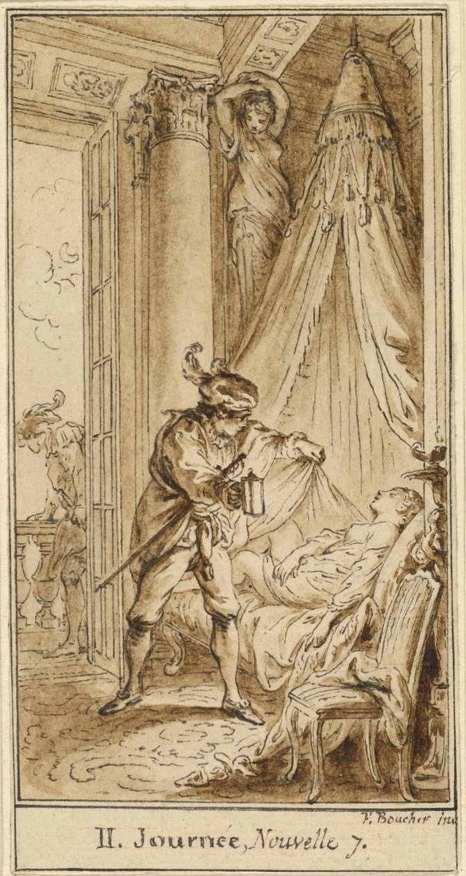 Anden dag, syvende historie: Hertugen af Athen overvejer den sovende prinsesse Alatiel af Hubert François Gravelot after François Boucher